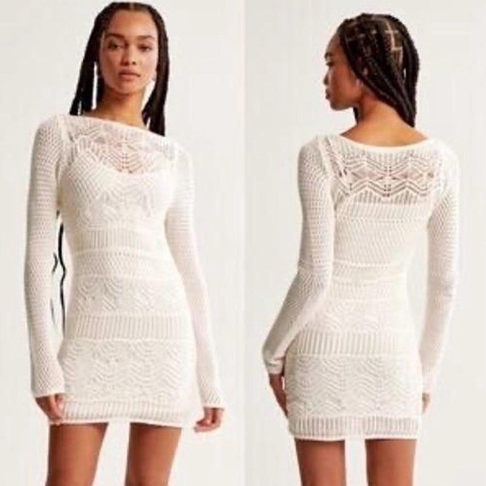 Abercrombie & Fitch Cream White Ling Sleeve Crochet Knit Mini Dress NWT